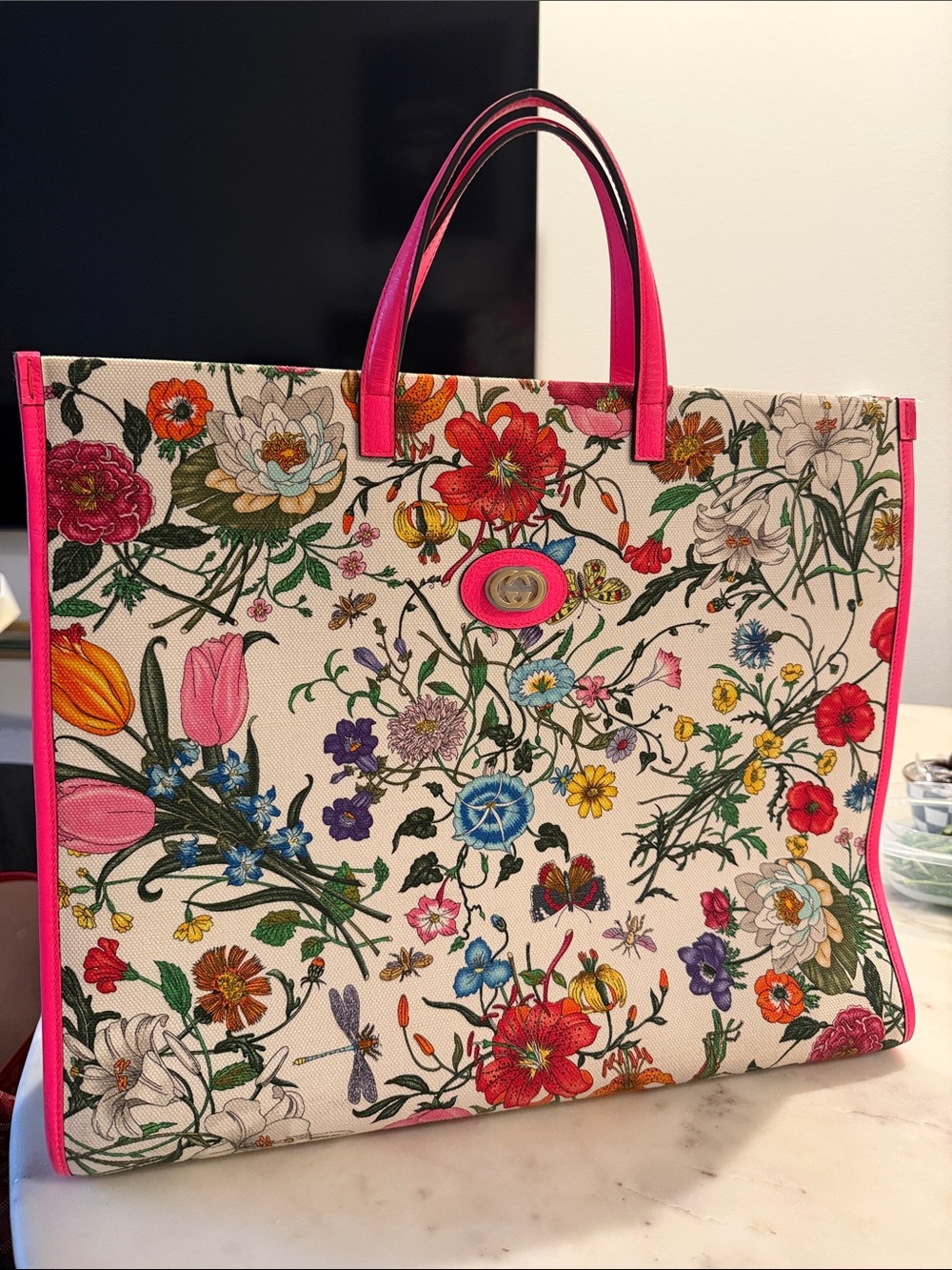 Gucci Designer Floral Canvas Tote Bag in Pink Trim